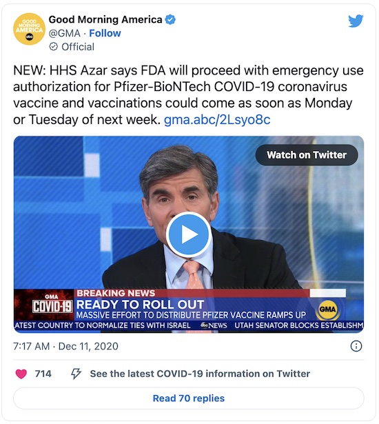 Good Morning America @ Twitter: FDA to proceed immediately with EUA