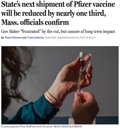 Boston Globe: Pfizer vaccine shipments to Mass curtailed by one third