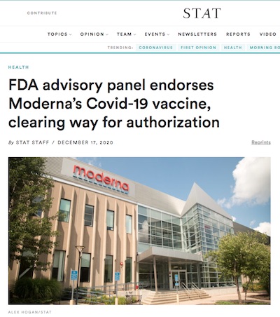 STAT News: FDA VRBPAC passes Moderna COVID-19 vaccine
