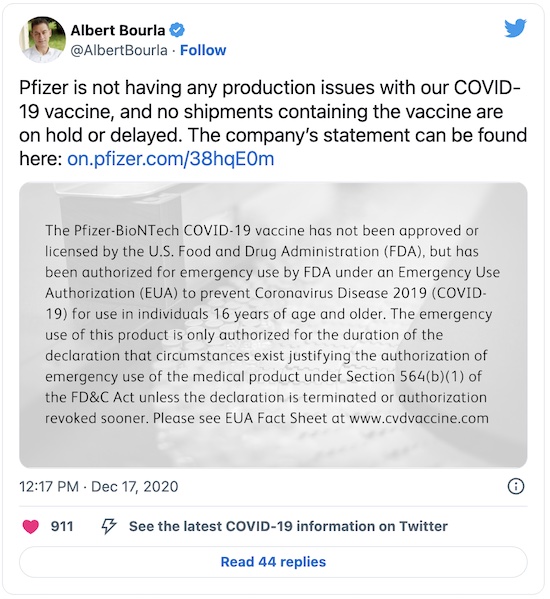Bourla @ Twitter: Pfizer is not experiencing production issues with COVID-19 vaccine