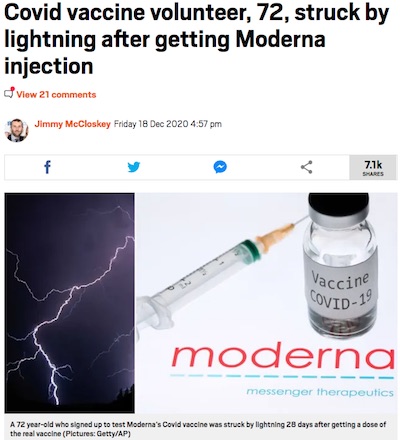 British tabloid: Moderna trial paricipant struck by lightning