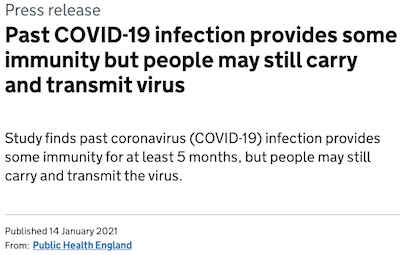 Public Health England: 83% efficacy of 'natural' COVID-19 immunity