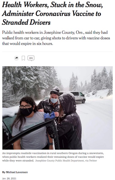 NYT: Oregon health care workers in snow traffic jam vaccinate other drivers