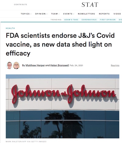 STAT News: FDA scientists endorse J&J COVID-19 vaccine