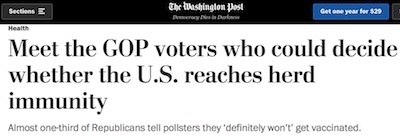 WaPo: 1/3 of Republicans definitely won't get vaccinated