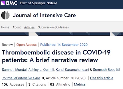 Jnl Intensive Care: Review of VTE in COVID-19 patients