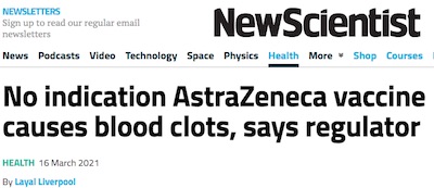 New Scientist: No relation between AZ/OX vaccine and clots