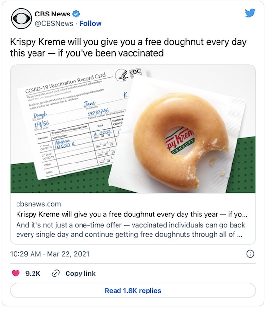 CBS News @ Twitter: Krispy Kreme giving a free donut every day to vaccinees