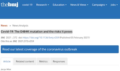 BMJ: E484K mutation is beginning of an escape mutation