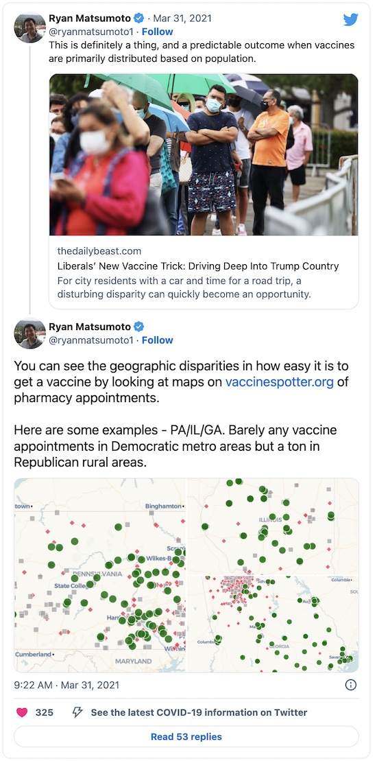 Matsumoto @ Twitter: Examples of unused vaccine in Trumpy areas