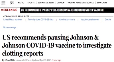 Boston Globe: CDC, FDA pause JnJ vaccine for clots