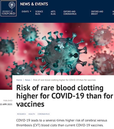 Univ Oxford PR: COVID-19 clot risk greater than vaccines