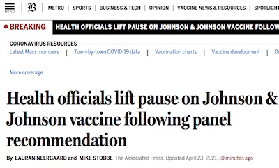 Boston Globe: FDA, CDC lift restrictions on JnJ vaccine