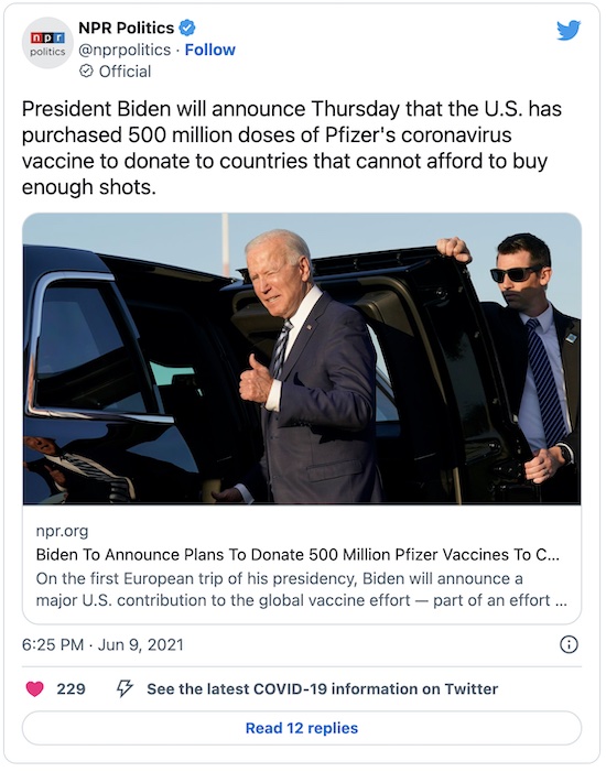 NPR Politics @ Twitter: Biden announces US donation of 500 million Pfizer doses