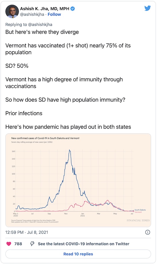 Jha @ Twitter: New England & South Dakota III: diverge on vax rate and infections