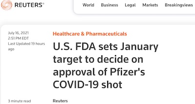 Reuters: FDA sets 2022-Jan date for full approval of Pfizer/BioNTech COVID-19 vaccine