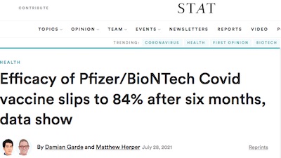 STAT News: Pfizer/BioNTech vaccine efficacy at 6 months
