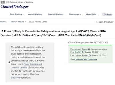 ClinicalTrials.gov: Trial NCT05001373 of Moderna's HIV Vaccines