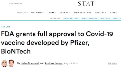 STAT News: FDA grants full approval for Pfizer/BioNTech COVID-19 vaccine