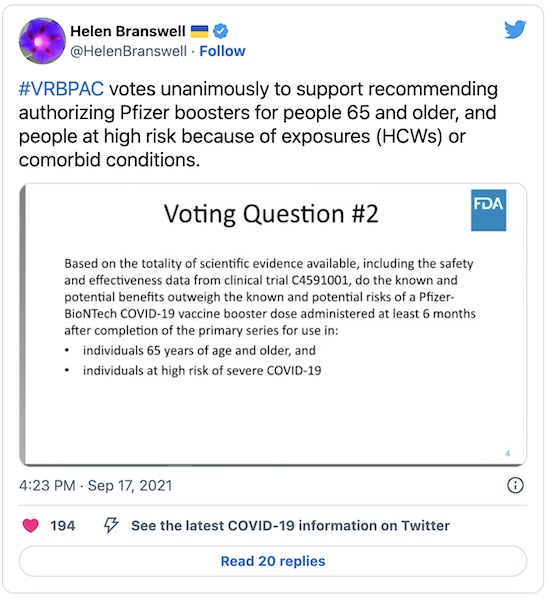 Branswell @ Twitter: FDA VRBPAC voting question on Pfizer boosters
