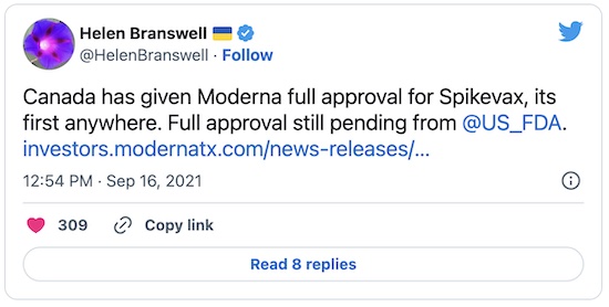 Branswell @ Twitter: Canada gives full approval for Moderna, using name Spikevax