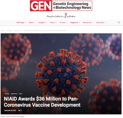 GenEngBiotechNews: NIAID grant for pan-coronavirus vax development