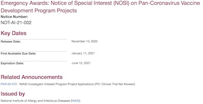 NIAID: Notice of Special Interest in Pan-Coronavirus Vaccine Development Projects