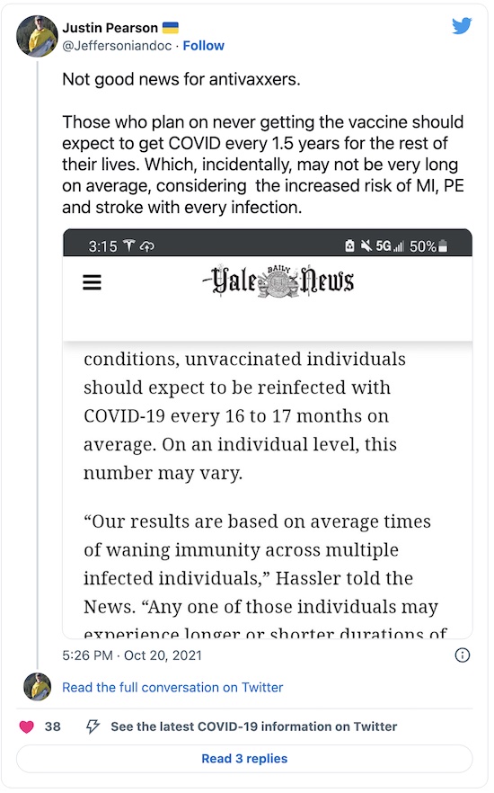 Pearson @ Twitter: If plan on not getting the vax, plan on getting COVID-19 every 1.5 years for the rest of your (short) life