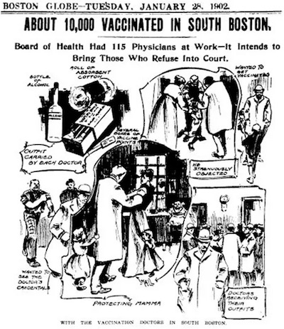 Globe: 1902-Jan-28 vaccination teams of 115 doctors vaccinate 10,000 against smallpox