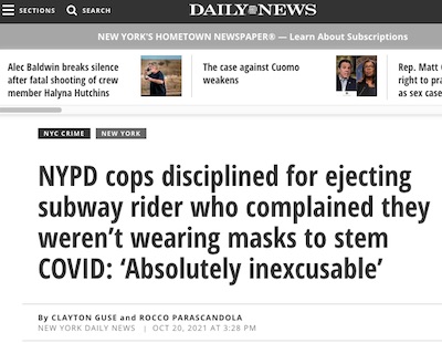 Cops disciplined, sort of, for mask refusal and forcible ejection from subway