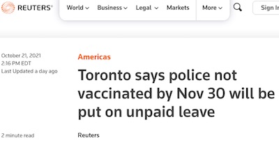 Reuters: Cops not vaxed by Nov 30 put on unpaid leave