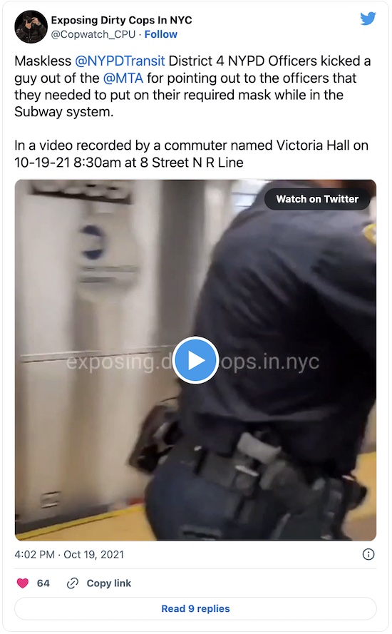 Exposing Dirty Cops in NYC @ Twitter: Cops muscle guy out of subway for pointing out cops are violating mask mandate