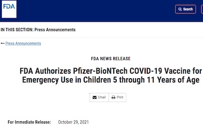 FDA: EUA Authorization for pediatric Pfizer COVID vaccine