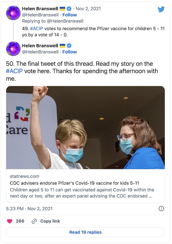 Branswell @ Twitter: 50-tweet thread on ACIP meeting approving kid's vax