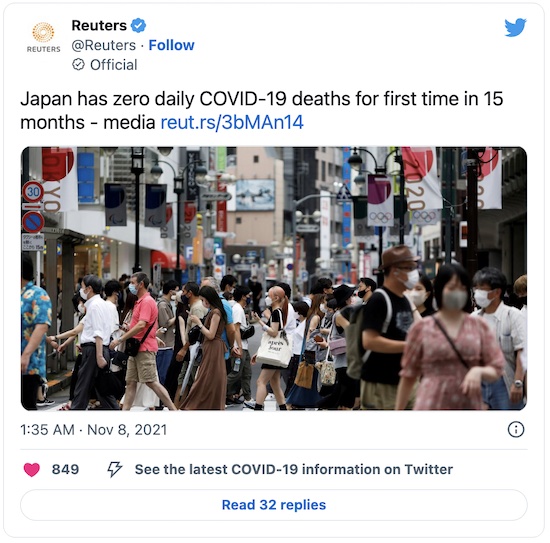 Reuters @ Twitter: Japan has ZERO COVID-19 daily deaths, first time in 15 months