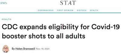 STAT: CDC approves boosters for adults over 18