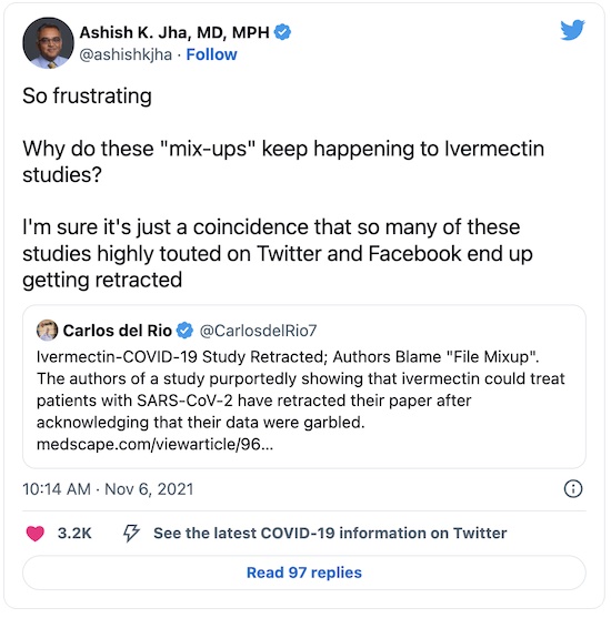 Jha @ Twitter: 'Mix-ups' keep happening with ivermectin studies!
