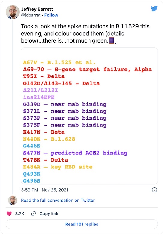 Barrett @ Twitter: Spike mutations in B.1.1.529