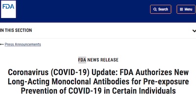 FDA: Press release announcing EUA for long-lasting monoclonal ab preventative