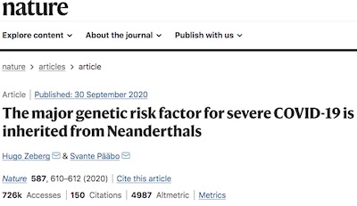 Zeberg & Pääbo in Nature: Neaderthals and COVID-19 genetic risk factors