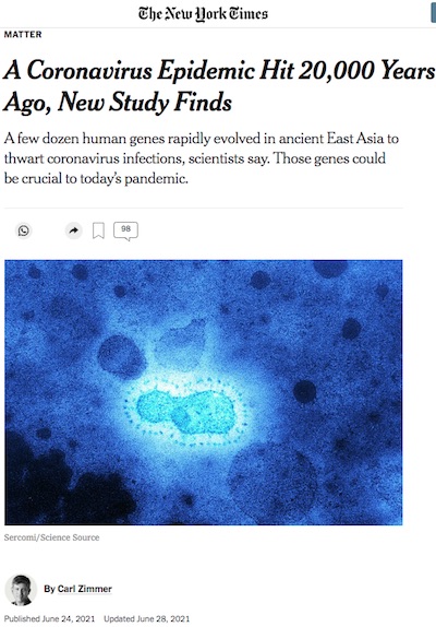 Zimmer @ NYT: Corona virus epidemic 20,000 years ago