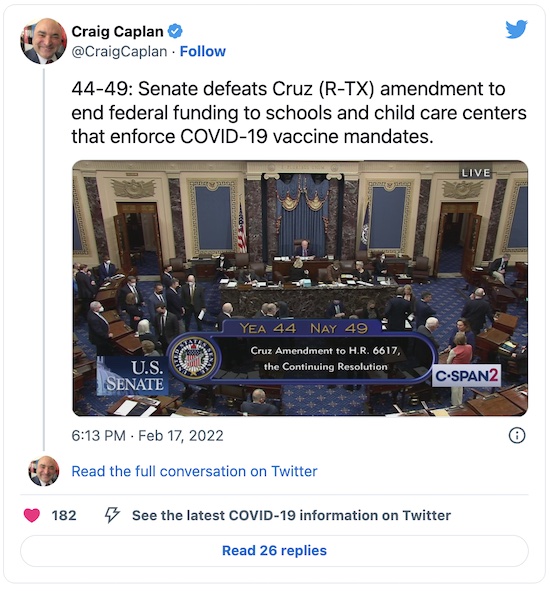 Caplan @ Twitter: Sen Cruz tries to end federal funding to schools w/COVID-19 vax mandates