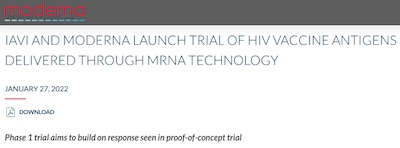 Moderna: press release about Phase I HIV vaccine trial with IAVI