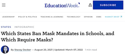 Decker @ EdWeek: State mask mandates vs bans in schools