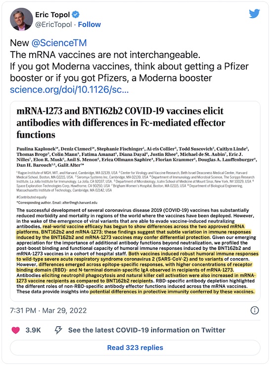 Topol @ Twitter: Mixing vaccines is better