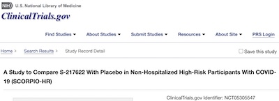 NCT05305547 @ ClinicalTrials.gov: S-217622 vs placebo in non-hospitalized high-risk COVID-19 (SCORPIO-HR)