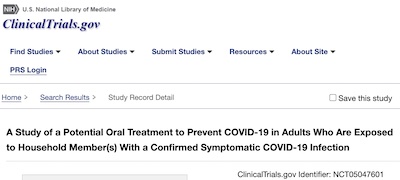 Pfizer: Clinical trial NCT05047601 of paxlovid for post-exposure prevention of COVID-19