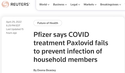 Beasley @ Reuters: Pfizer trial of preventive paxlovid fails