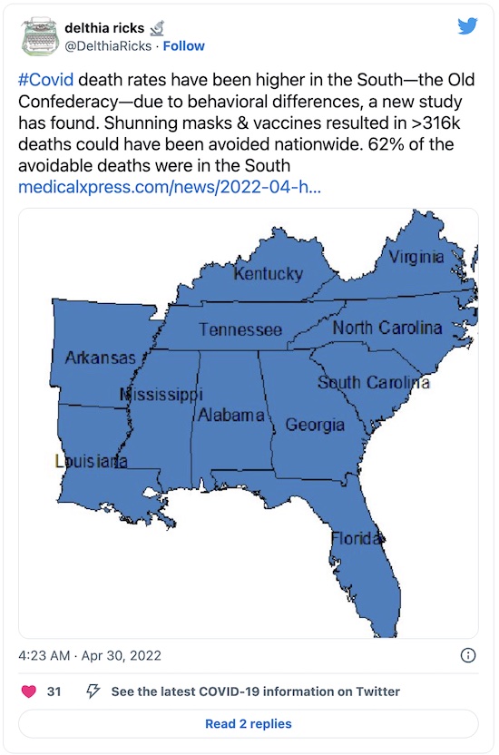 Ricks @ Twitter: COVID-19 death rates higher in the old Confederacy states
