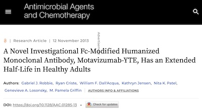 Robbie, et al. @ Antimicrob Agt & Chemo: YTE modification for extended ab half-life